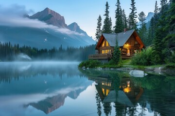 Obraz premium idyllic log cabin retreat mist rising off serene lake at dawn majestic mountains reflected in still waters towering pines framing rustic wooden structure