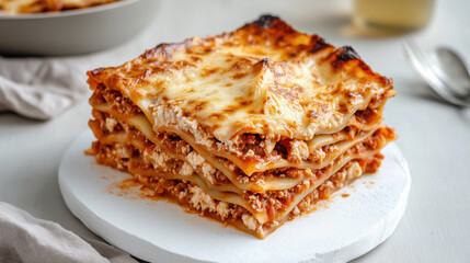 Traditional Italian food Lasagna featuring layers of pasta, meat sauce, ricotta cheese, and melted mozzarella. The dish is baked to a golden-brown perfection.