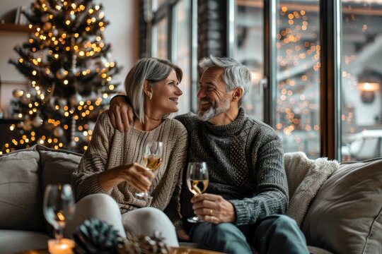 A joyful elderly couple delightedly sharing each others company while enjoying drinks surrounded by festive decorations at home. Merry Christmas, Happy New Year