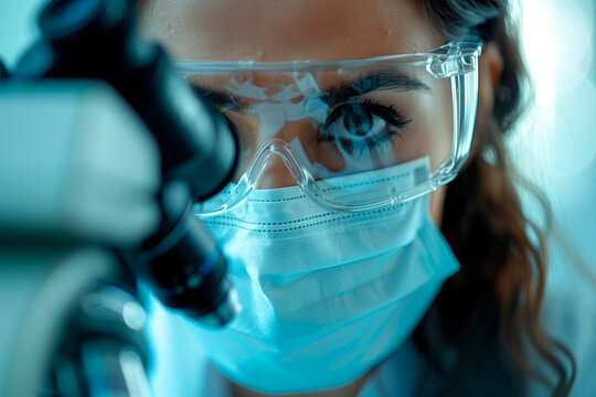 Close up of A female scientist analyzing samples under a microscope in a biochemistry, chemistry, health research and development laboratory.