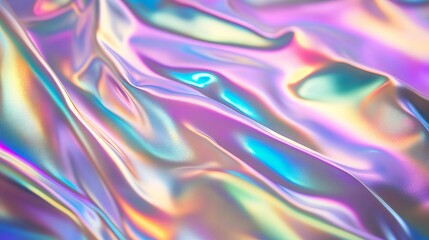 Fototapeta premium Shimmering rainbow colors blend together on a silver background with a holographic effect.