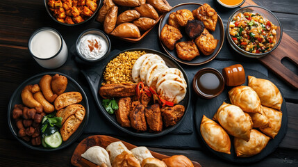 Traditional Hemn Food Assorted Delicacies: Various fried and baked items arranged on plates, including patties, bread, yogurt, and mixed vegetables.