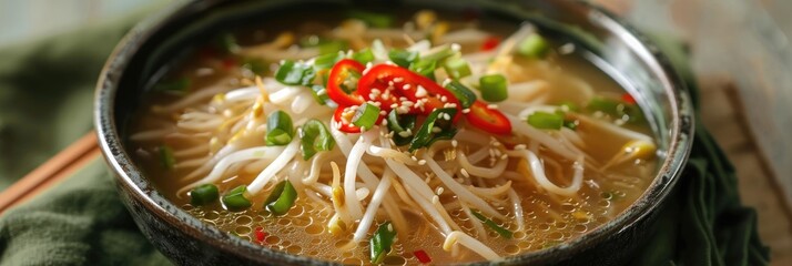 Close up of bean sprout soup garnished with green onion and red pepper in a traditional South Korean bowl on a green cloth