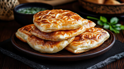 Traditional Azerbaijani food Kutab - fried stuffed flatbread with golden-brown, crispy exterior, served hot on a dark wooden plate.