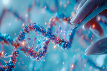 a scientist's hand with gloves holding a scalpel, tweezers, modifying a futuristic dna