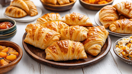 Traditional Argentine food Medialunas. Golden, flaky crescent-shaped pastries served with jams and typical accompaniments on wooden and ceramic plates.