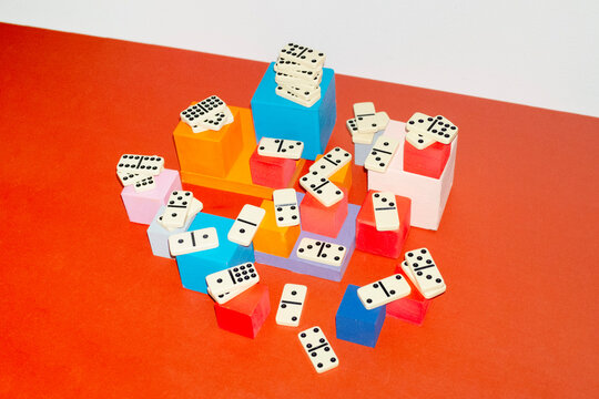 Colorful geometric objects cubes and dominowith hard flashlight