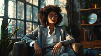 A beautiful afro businesswoman sitting thoughtfully, sehe wears a very fashionable suit in the background ta rustic office