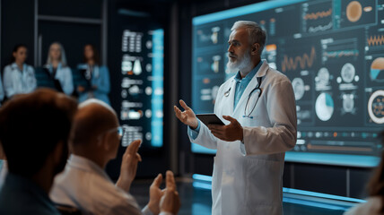 Portrait of a doctor standing giving a lecture in front of many people. Background a screen with information