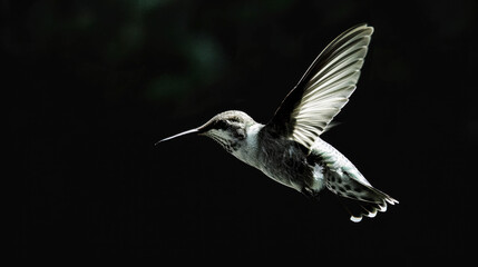 Hummingbird in Flight: A solitary hummingbird soars through the night sky, its wings a blur of motion against the dark backdrop. The delicate bird's intricate details are illuminated by a soft light