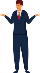 Confused businessman shrugging with raised arms, unsure body language