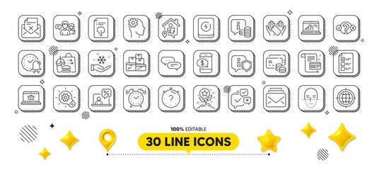 Online shopping, Dots message and Thumb down line icons pack. 3d design elements. Alarm bell, Food delivery, People talking web icon. Reject letter, Work home, Mail pictogram. Vector