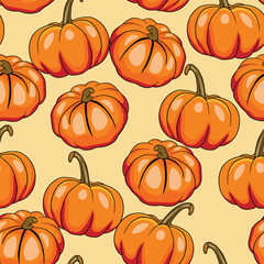 Seamless pattern with pumpkins on color background. Vector hand drawn sketched pumpkin. Autumn illustration for holidays, Halloween. Various food items in doodle style