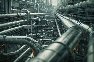 intricate network of industrial pipelines metallic sheen winding through a vast factory landscape