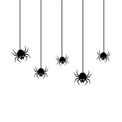 Spiders hanging on a thread. Black silhouette. Front view. Vector simple flat graphic illustration. Isolated object on white background. Isolate.