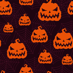 Orange halloween pumpkins and spider webs isolated on black red background. Cute seamless pattern. Vector simple flat graphic illustration. Texture.