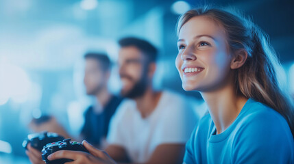 Group of people playing video games, focused on game controllers, gaming, fun, home, social, teamwork