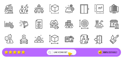 Algorithm, Entrance and Engineering team line icons for web app. Pack of Box size, Push cart, Package size pictogram icons. Square meter, Brush, Working process signs. Circle area. Search bar. Vector
