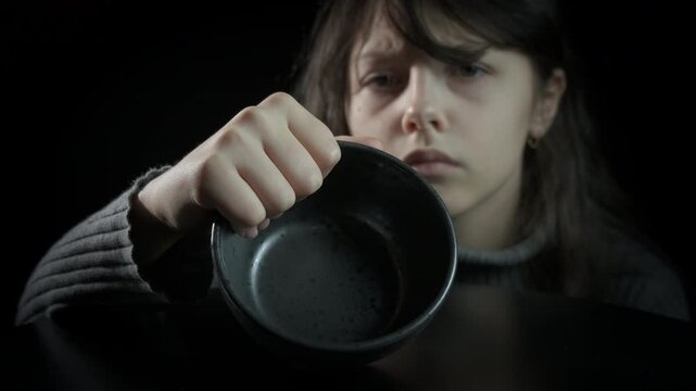 Child waiting for food salvation. A little girl in need ask for food with empty plate indoor.
