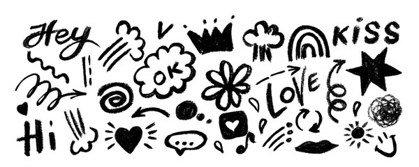 Collection of hand drawn charcoal doodle shapes and squiggles in childish girly style. Pencil drawings isolated on white. Crown, stars, flower, heart and arrow doodle collage elements.