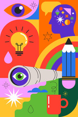 Idea, thinking out of the box, creativity and design concept background, banner, poster. Geometrical style vector design with light bulb, brain, pencil