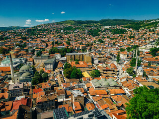 Aerial view of Sarajevo city at sunset in Bosnia and Herzegovina.