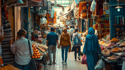 Obraz premium Bustling market in Middle Eastern town with various spices, fruits, and local products, people exploring the vibrant street market atmosphere, experiencing diverse cultures