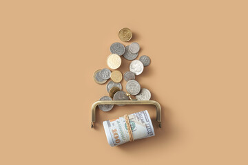 Handful of coins running out of wallet with one hundred bucks pack