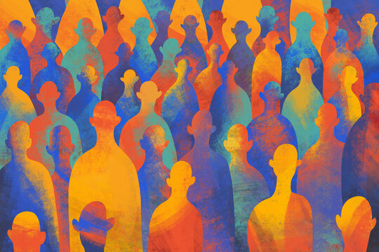 Colorful Silhouettes of People in a Crowd
