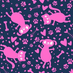 Cartoon animals seamless cats and dogs and fish bones pattern for wrapping paper