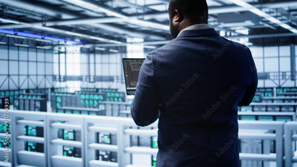 Poster african american admin in data center running error checking utilities on tablet to fix hardware bug