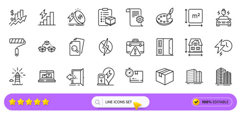 Open door, Inspect and Antistatic line icons for web app. Pack of Energy price, Entrance, Warning briefcase pictogram icons. Car charging, Square area, Parcel shipping signs. Search bar. Vector