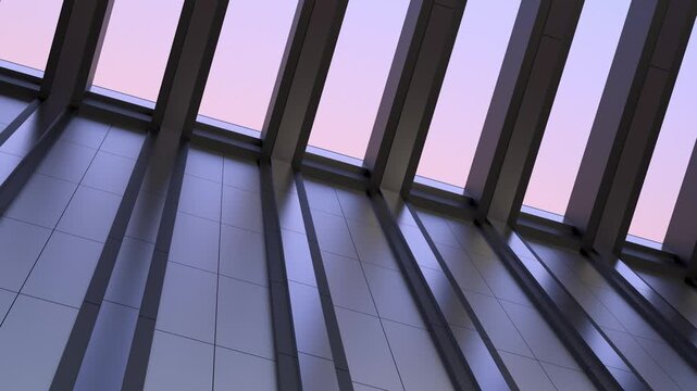 Architectural design of an open, transparent ceiling in a building in the evening against the sky. Wall with metal elements and open ceiling, modern architectural style, animation.3D render
