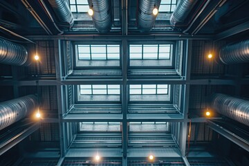 A view of an industrial building with many pipes and machinery