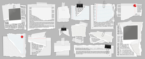 different collage items on top sets of torn paper ripped blocks post its lined and grid with photographs and binder cliips