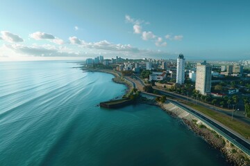 Obraz premium Aerial view of a city's waterfront, featuring buildings and structures