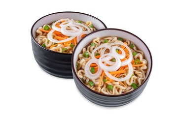 Ramen noodles with carrots and onion slices in a bowl on a white isolated background