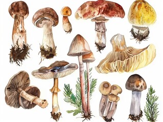 Set of different mushrooms watercolor illustration on white. AI generated