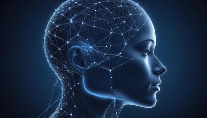 Obraz premium Digital profile of a human head with interconnected lines on a starry blue background, depicting a futuristic technology concept created with generative ai