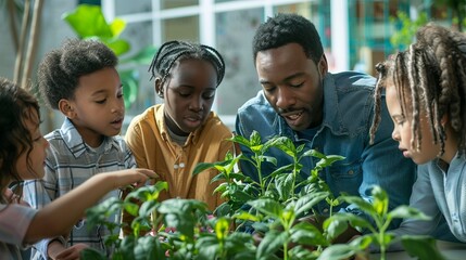 Children and teacher studying different plants indoors.