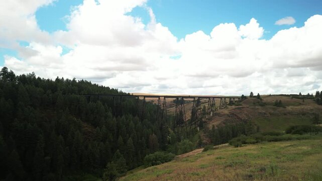 Aerial over historic Camas Prairie Railroad trestle on Lewis and Clark route in Idaho