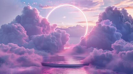 Pink and purple clouds with circular neon light above