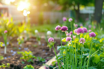 Gardening. Beautiful blooming chives in a spring garden, defocus. Growing onions in raised garden beds