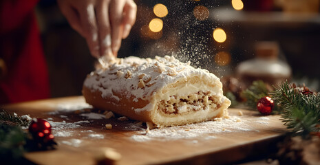 A person is sprinkling powdered sugar on a large cake