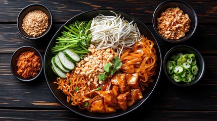 Traditional Thai food Pad Thai with rice noodles, tofu, bean sprouts, green onions, cucumber, and peanuts in a black bowl. Surrounding are bowls of crushed peanuts, green chilies, and chili paste.