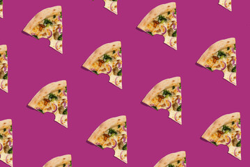 Pattern of slices of delicious pizza with onion and mushrooms on magenta background. Creative food concept
