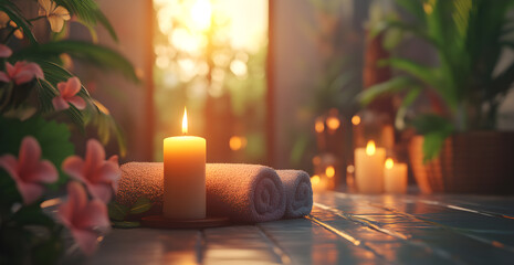 A candle is lit on a table with two towels next to it