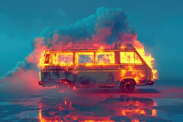 A burning bus with heavy smoke emitting from the wreckage