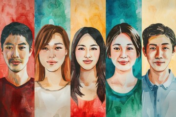 5人の日本人男女が並ぶ水彩画（団体・チーム・グループ・家族・仕事仲間・サークル）