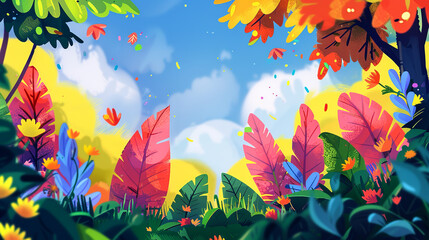 Vibrant fantasy landscape with colorful plants and blue sky.